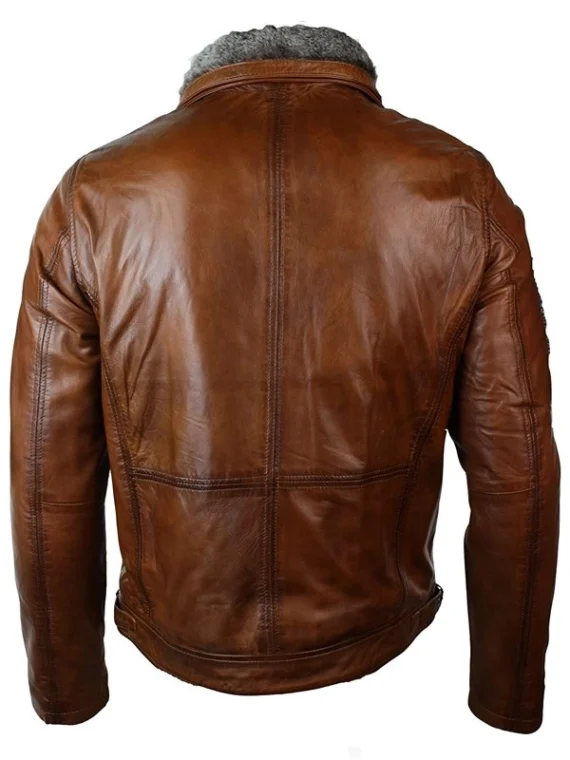 Mens Distressed Leather Jacket Belted Brown Fur Collar