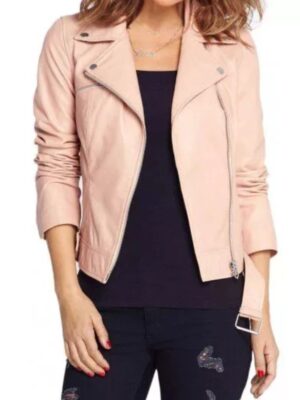 Women’s Asymmetrical Zipper Belted Baby Pink Jacket