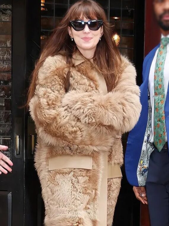 Dakota Johnson Toteme Curly Shearling Lab Coat