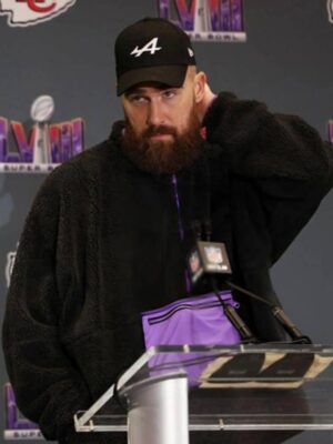 Super Bowl LVIII Week Press Conference Travis Kelce Sherpa Fleece Half Zip Jacket – Black