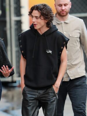 Jimmy Kimmel Live Timothee Chalamet Black sleeveless Stussy Hoodie
