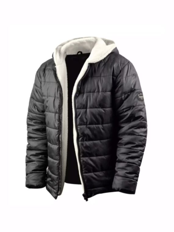 Mens Black Sherpa Lined Puffer Hooded Jacket