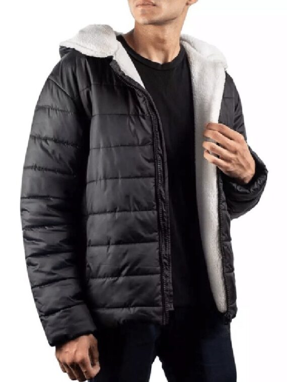 Mens Black Sherpa Lined Puffer Hooded Jacket