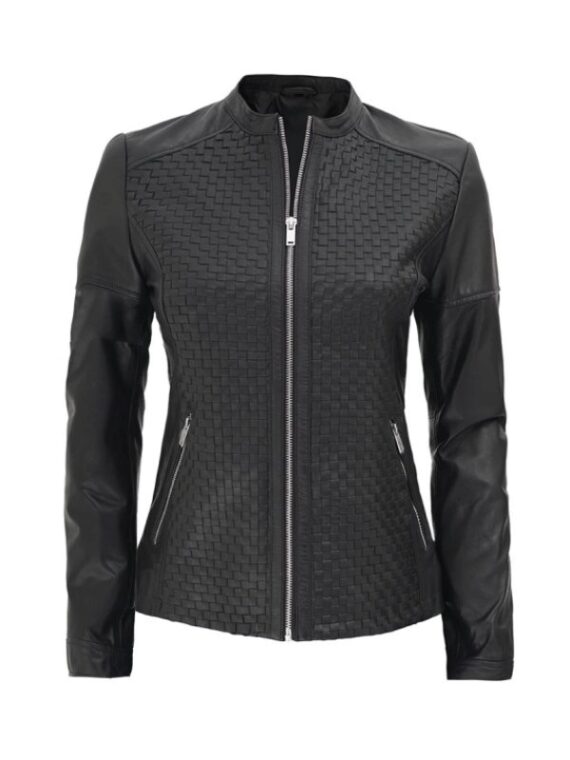 Womens Black Leather Textured Jacket