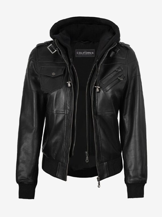 Womens Black Leather Jacket With Hood