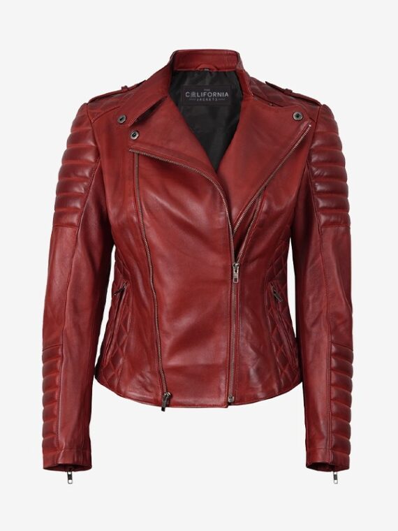 Womens Biker Asymmetrical Maroon Leather Jacket
