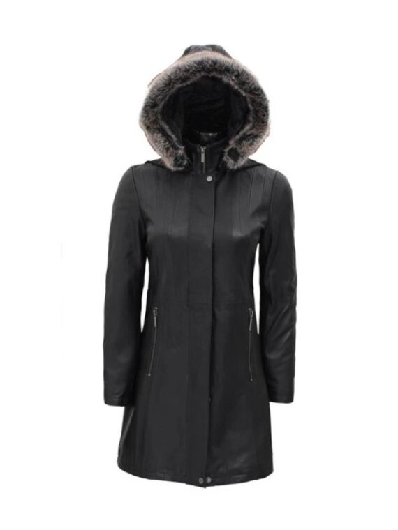 Womens Black Leather Shearling Coat