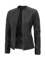 Womens Black Leather Textured Jacket