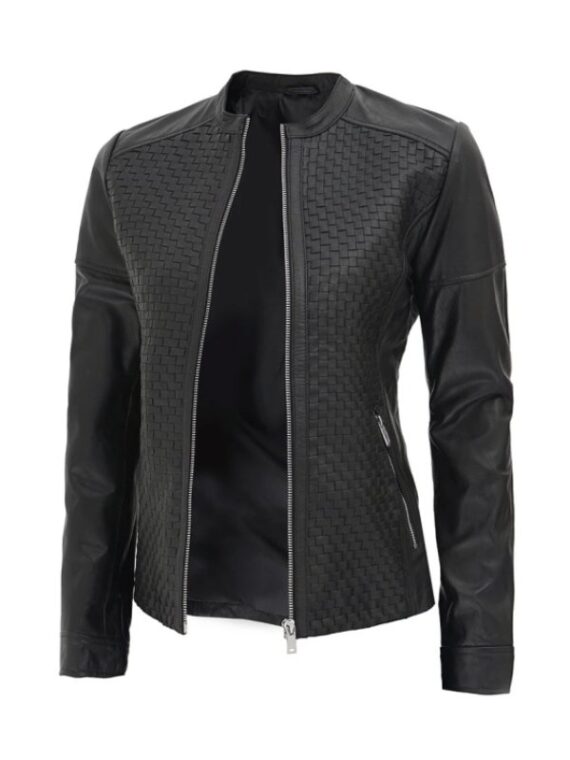 Womens Black Leather Textured Jacket