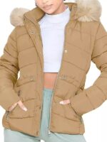 Womens Brown Puffer Trim Fur Hooded Jacket