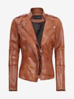 Womens Tan Leather Biker Jacket