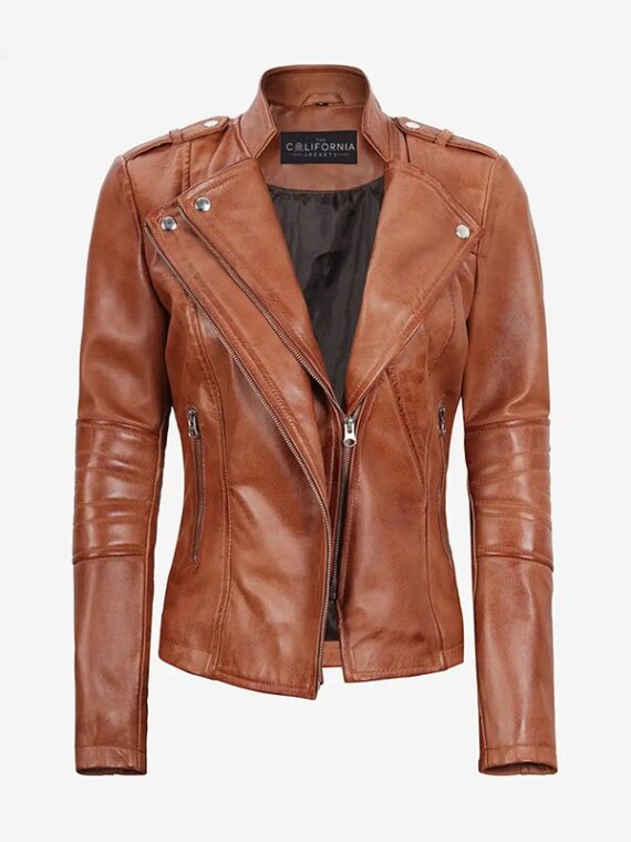 Womens Tan Leather Biker Jacket