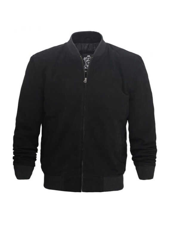 Mens Suede Leather Bomber Jacket - Black