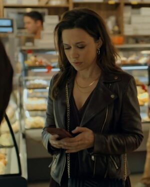 An Unexpected Valentine 2025 Lacey Chabert Black Leather Jacket