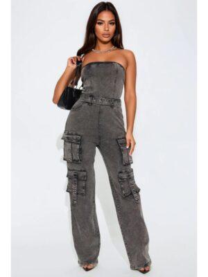 WWE Raw 2025 Jackie Redmond Grey Denim Cargo Jumpsuit