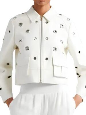 9-1-1 Athena Grant White Grommet Leather Jacket for men and women