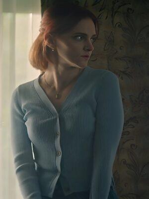 YOU S5 Madeline Brewer Blue Ribbed Knit Cardigan