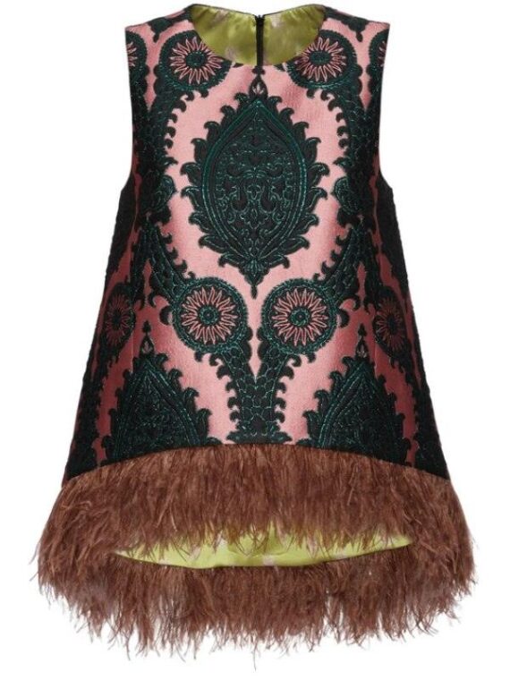 The View 2025 Sara Haines Pink Printed Feather Trim Top