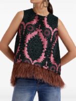 The View 2025 Sara Haines Pink Printed Feather Trim Top