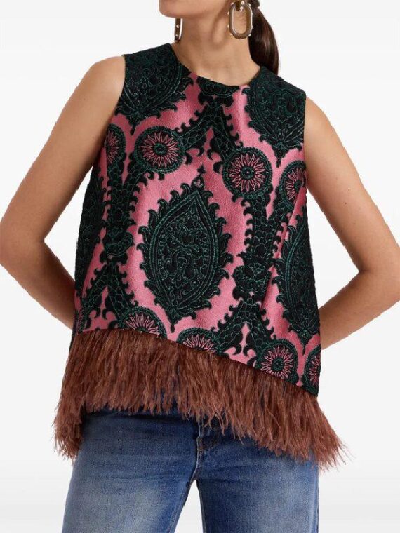 The View 2025 Sara Haines Pink Printed Feather Trim Top