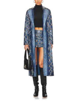 The Voice S27 Alanna Lynise Blue Snake Print Leather Trench Coat for women