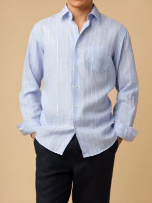 Materialists Chris Evans Press Junket 2025 Striped Linen Shirt