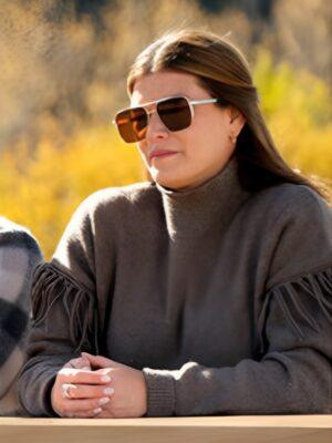 Top Chef S22 Gail Simmons Brown Fringe Sleeve Sweater