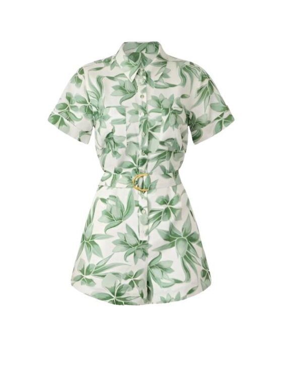 Access Daily 2025 Adrianna Costa Green Leaf Print Belted Romper
