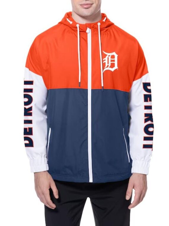 Detroit Tigers Color Block Navy/Orange Hoodie Windbreaker