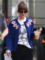 Materialists 2025 Dakota Johnson Blue Argyle Cardigan