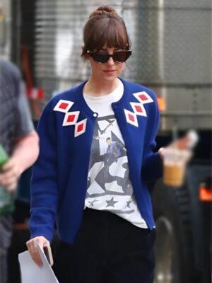 Materialists 2025 Dakota Johnson Blue Argyle Cardigan