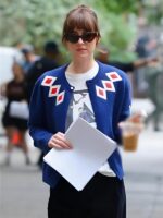 Materialists 2025 Dakota Johnson Blue Argyle Cardigan