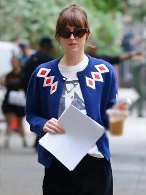 Dakota Johnson Materialists 2025 Blue Argyle Cardigan
