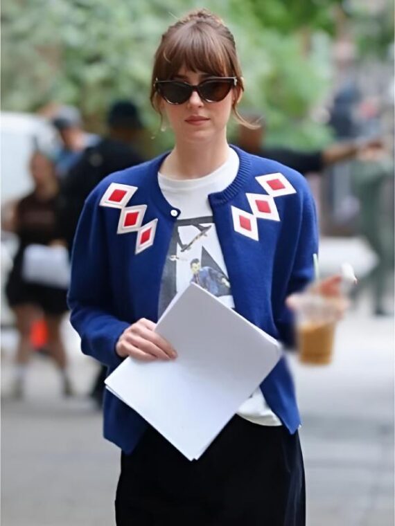 Materialists 2025 Dakota Johnson Blue Argyle Cardigan