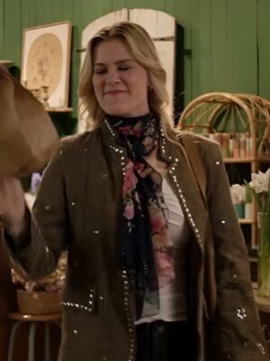 To Barcelona Forever Alison Sweeney Studded Suede Leather Brown Blazer