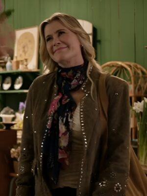 To Barcelona Forever Alison Sweeney Studded Suede Leather Blazer