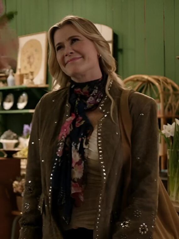 To Barcelona Forever Alison Sweeney Studded Suede Leather Blazer