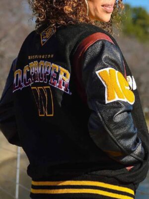 Washington Commanders DC Proper 90th Anniversary Black Letterman Varsity Jacket with Leather Sleeves Multicolor – DC Patches & Embroidery